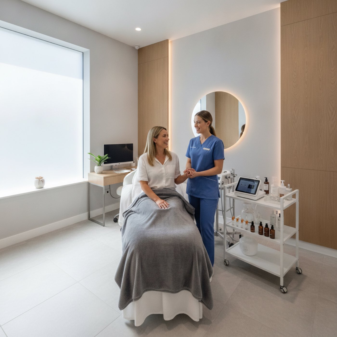 UK aesthetic clinic treatment room, clinician and client beside modern skincare equipment
