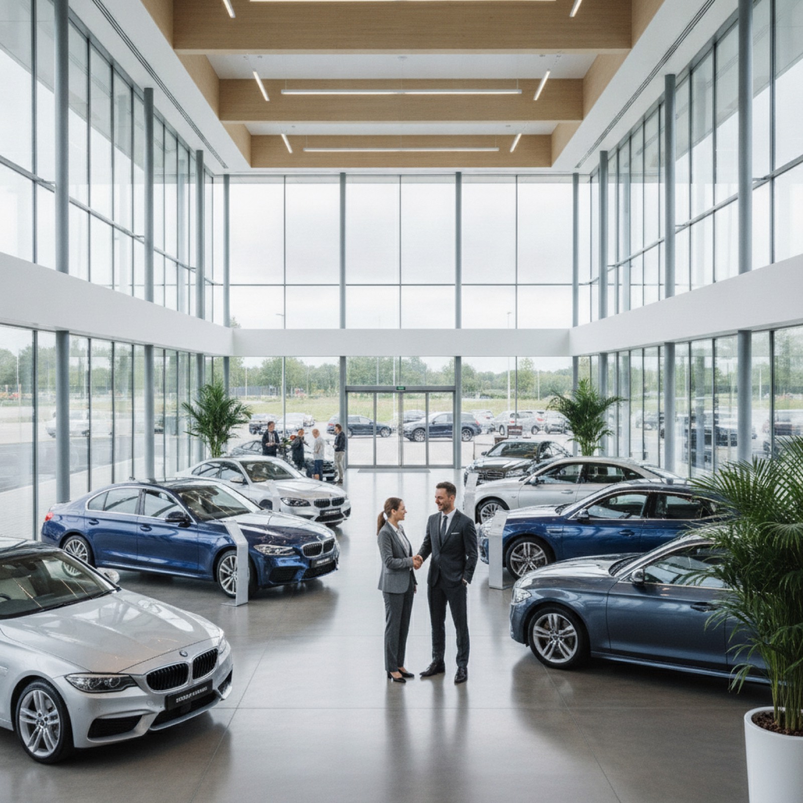UK car dealership showroom, gleaming vehicles displayed on a bright forecourt