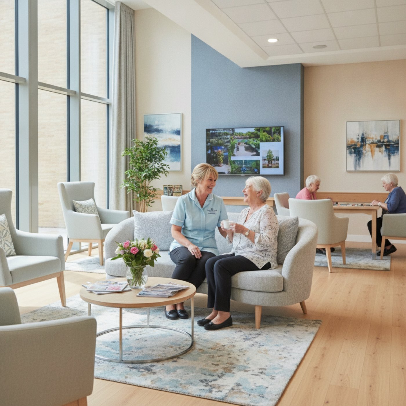 UK care home lounge, carer chatting with a resident over a cup of tea