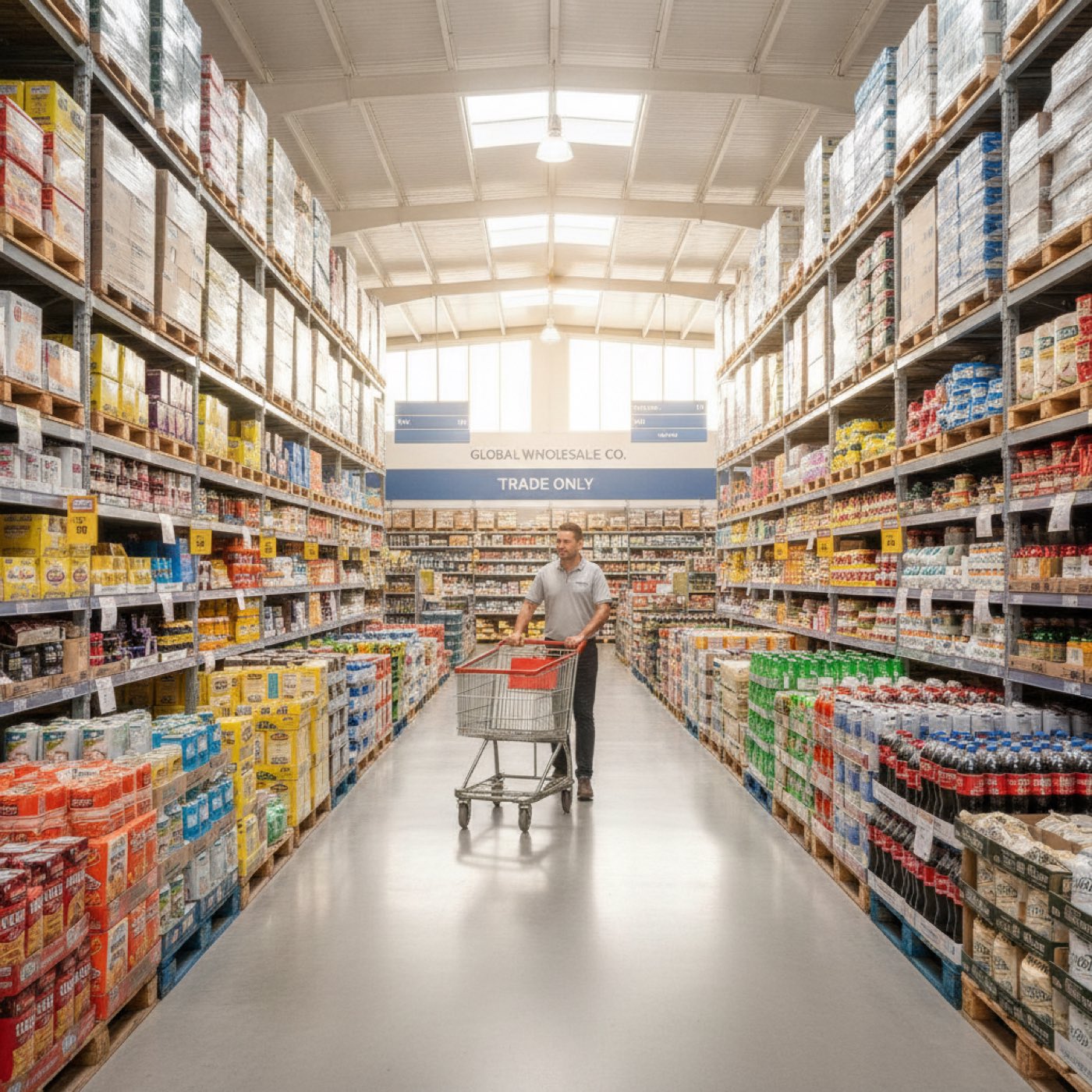 UK cash and carry warehouse, stocked aisles with trade customers pushing trolleys