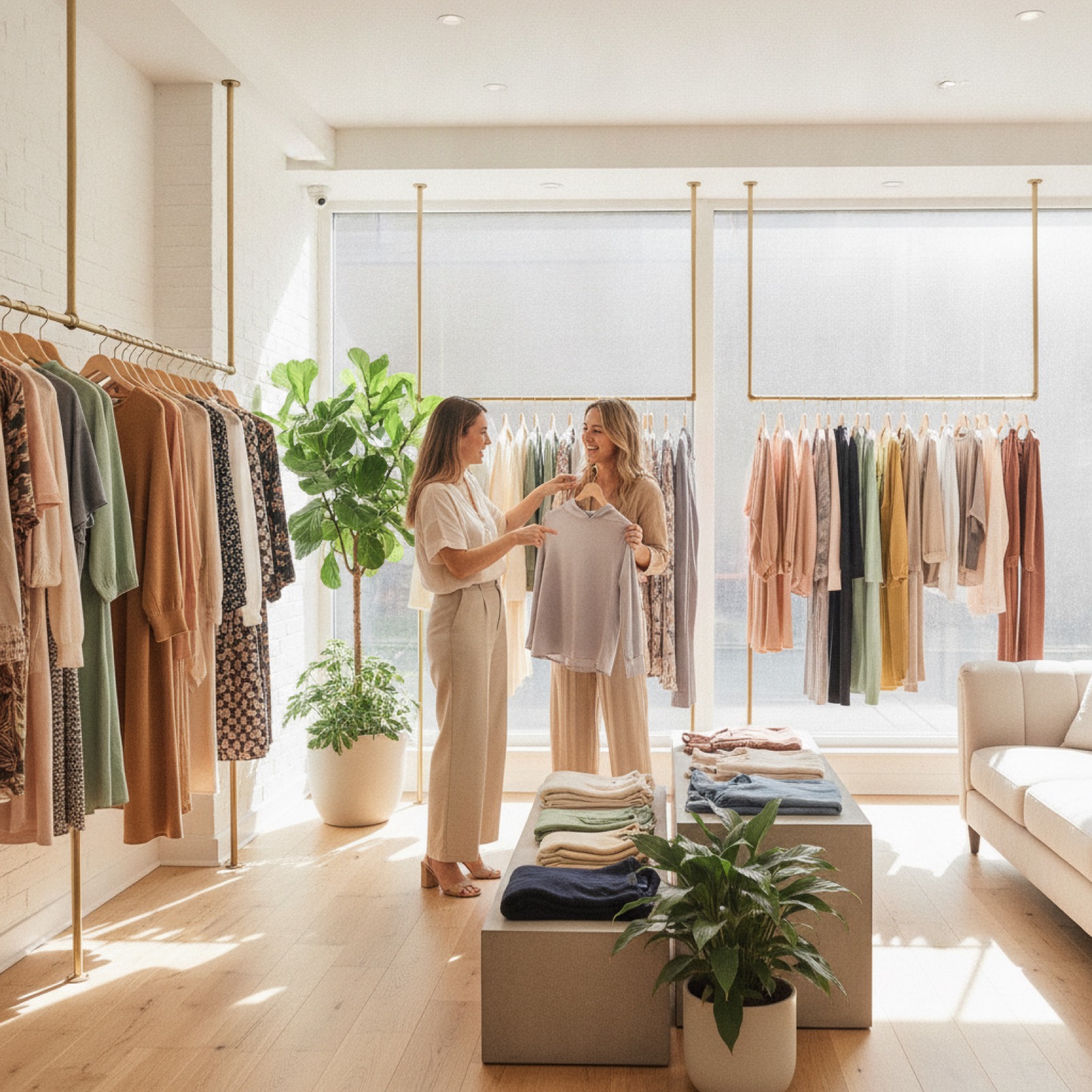 UK fashion boutique, customer browsing clothing rails in a bright store