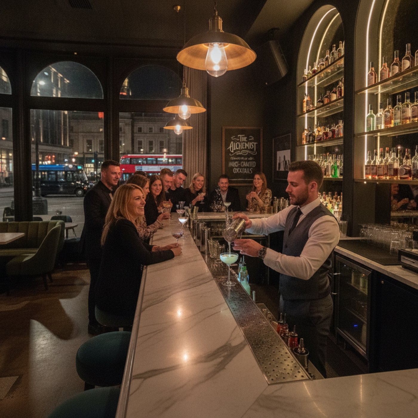 UK cocktail bar, bartender mixing drinks in a stylish evening setting