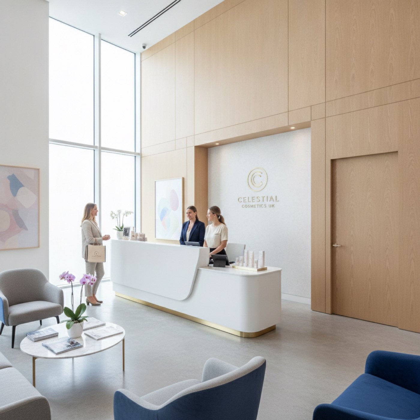 UK cosmetic surgery clinic, surgeon consulting a patient in a modern suite