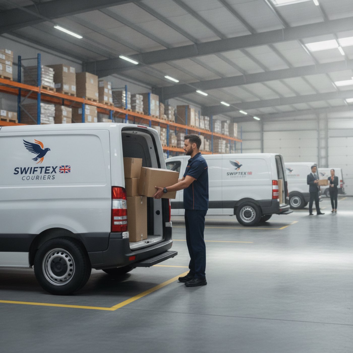 UK courier depot, driver loading parcels into a white delivery van
