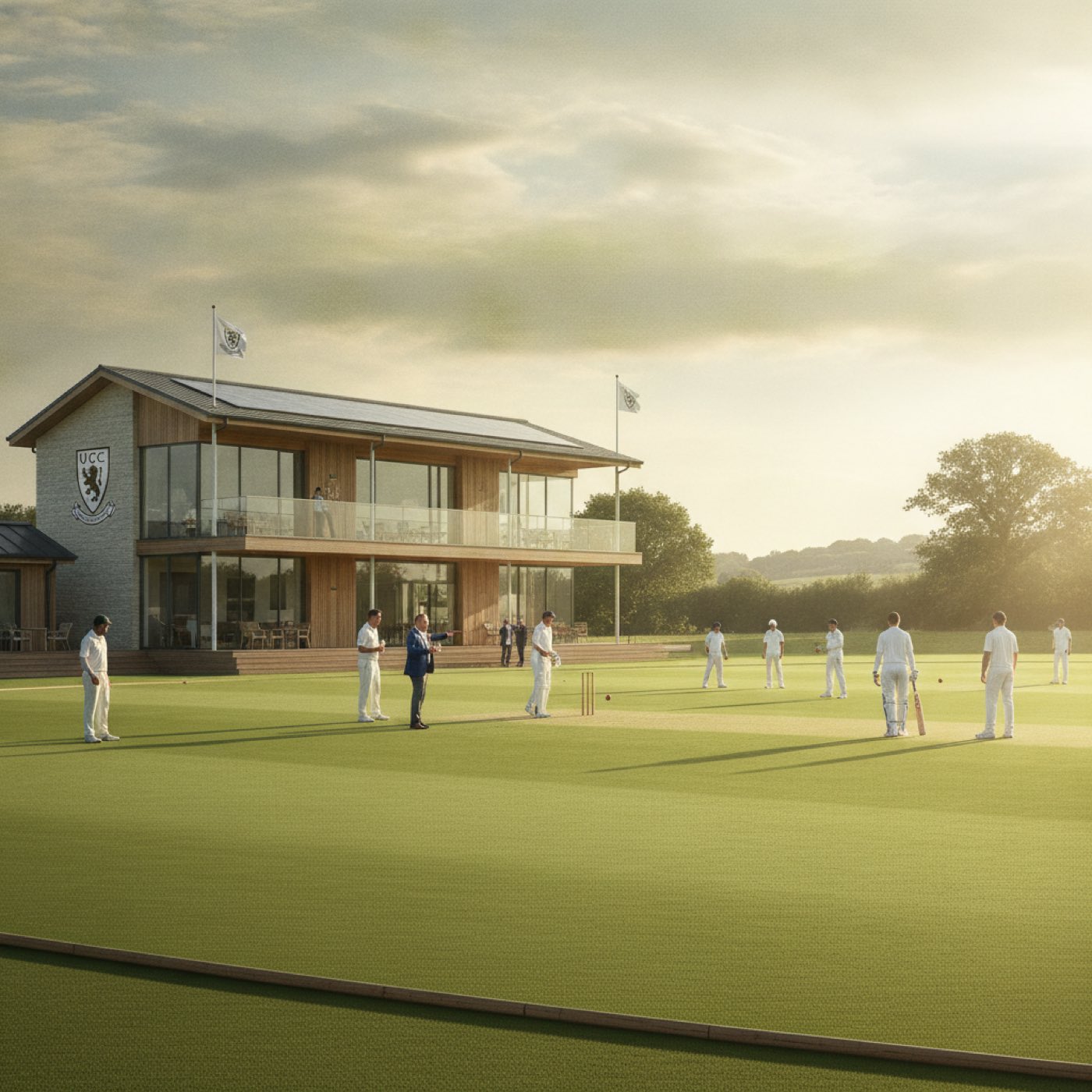 UK cricket club, batsman playing a shot on the village green in summer