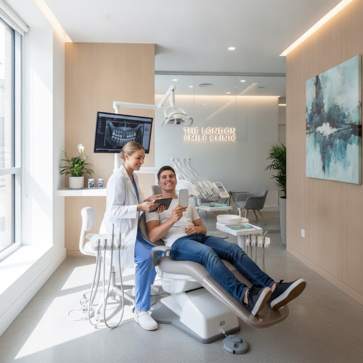 UK dental practice, dentist treating a patient in a modern surgery