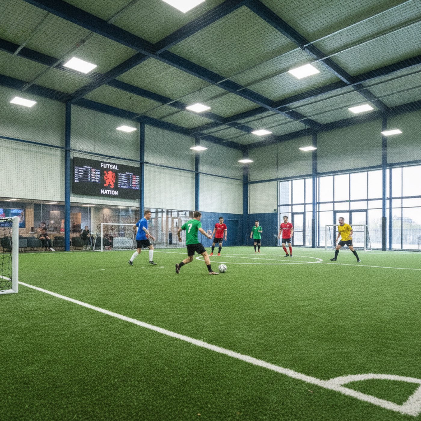 UK five-a-side centre, players in action on a floodlit indoor pitch