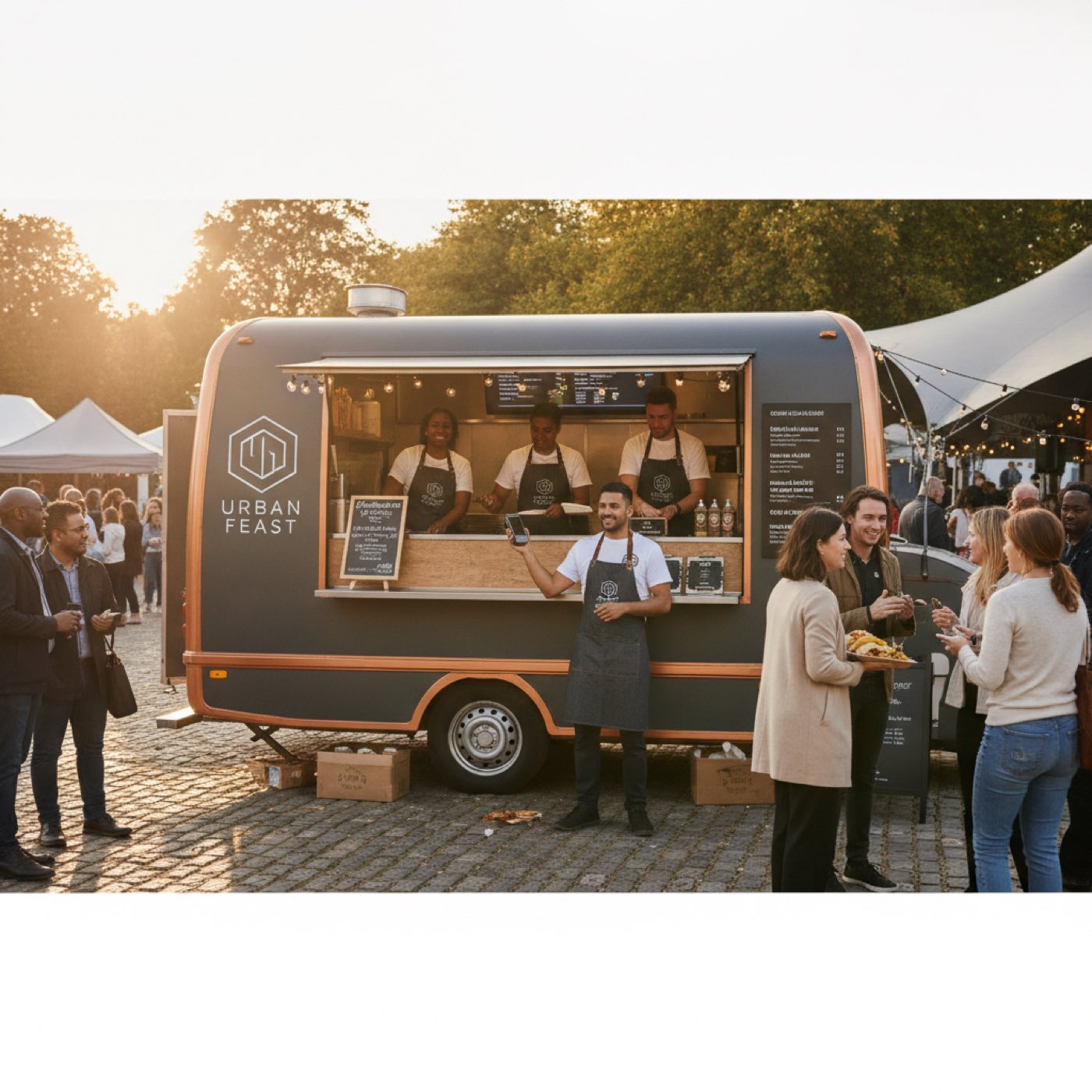 UK food truck, street vendor serving customers at a busy evening market