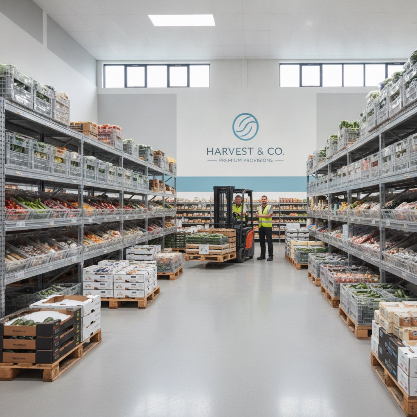 UK food wholesaler, produce and dry goods stacked for trade delivery