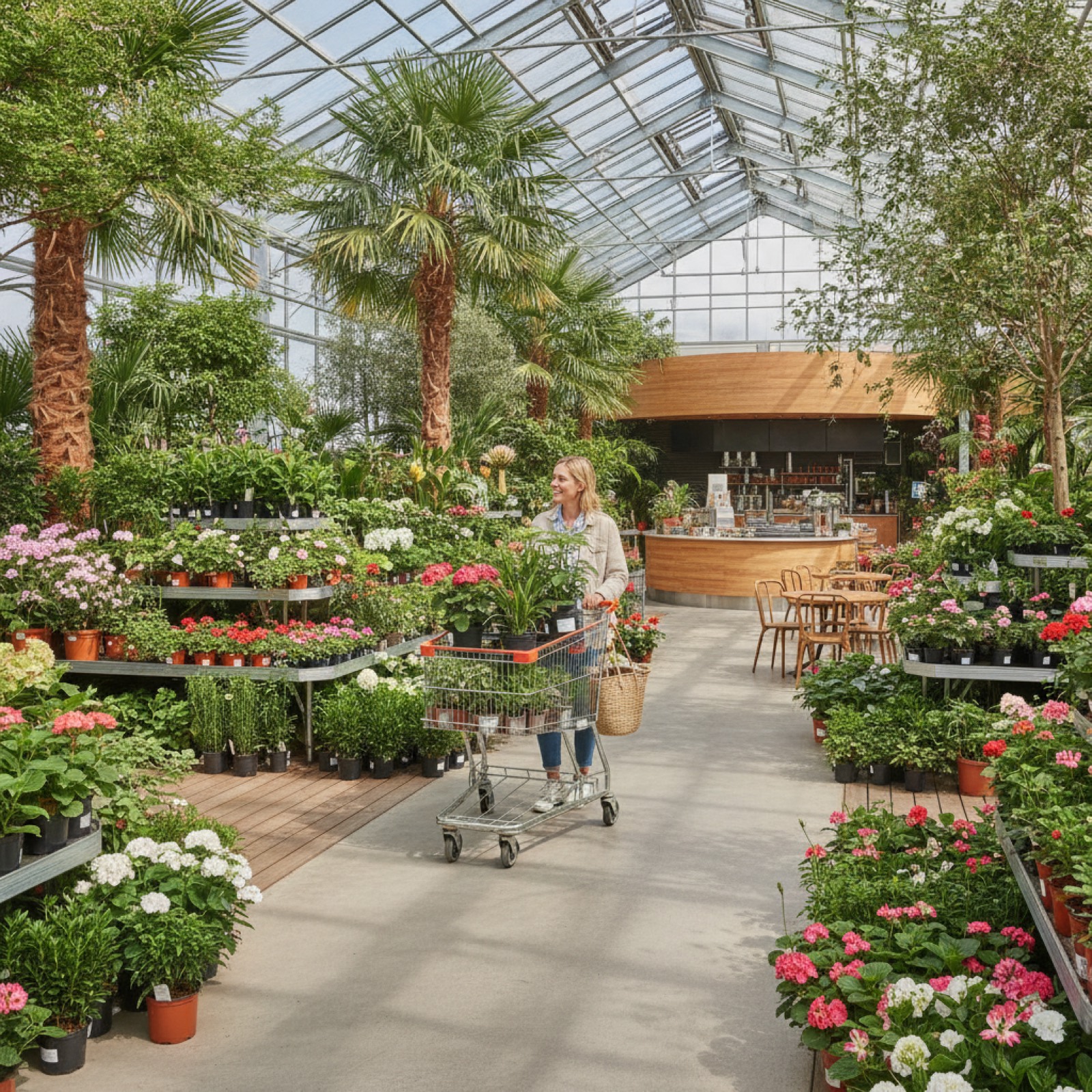 UK garden centre, customers browsing plants among bright seasonal displays
