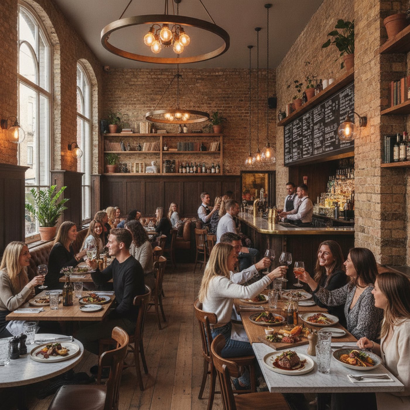 UK gastropub, friends enjoying plated food and drinks at a warm table