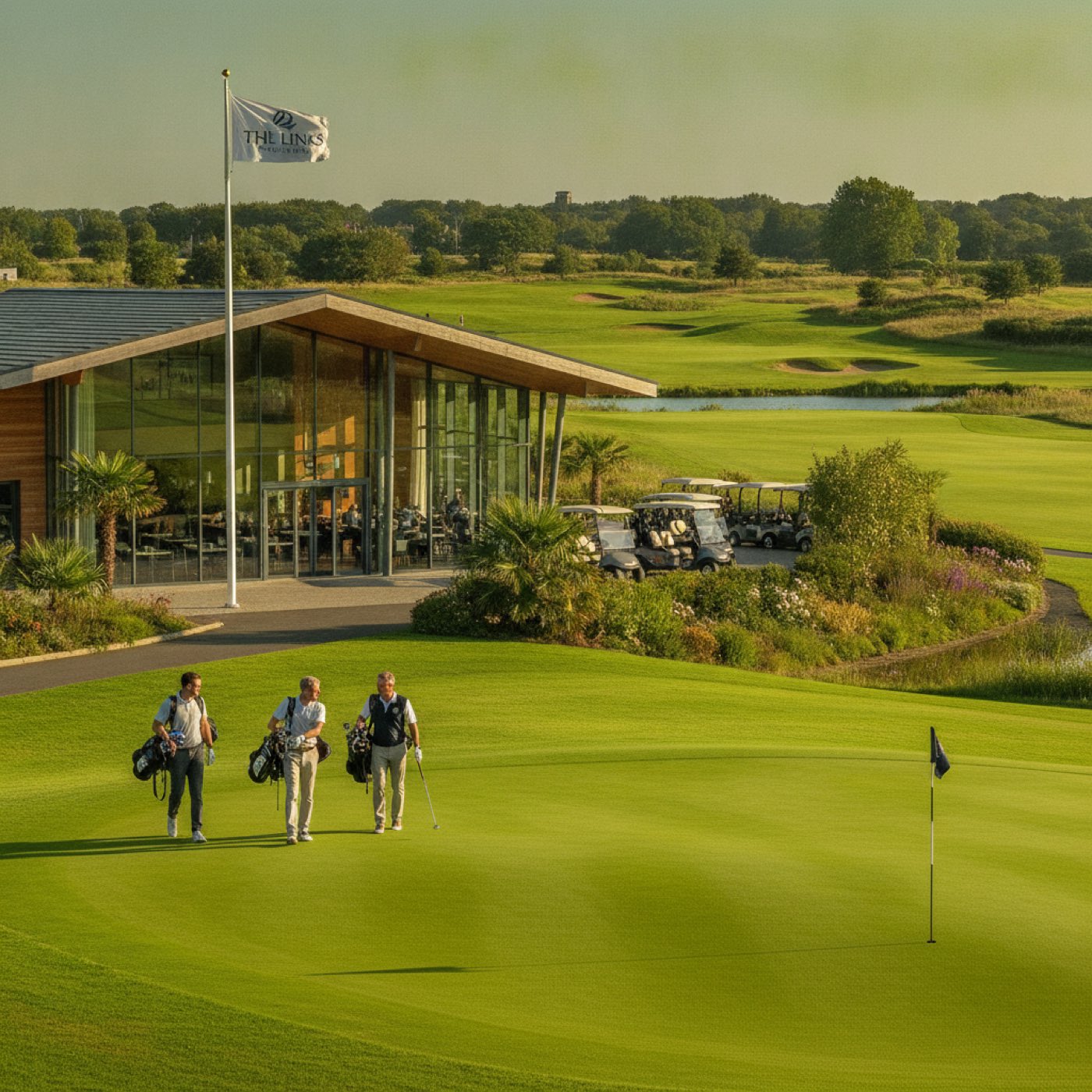 UK golf club, bag and clubs beside the fairway on a sunny course