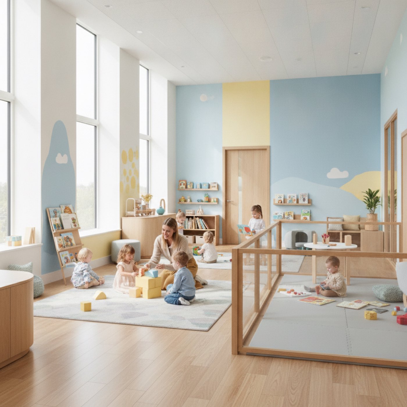 UK children's nursery, bright playroom with toys and soft play areas
