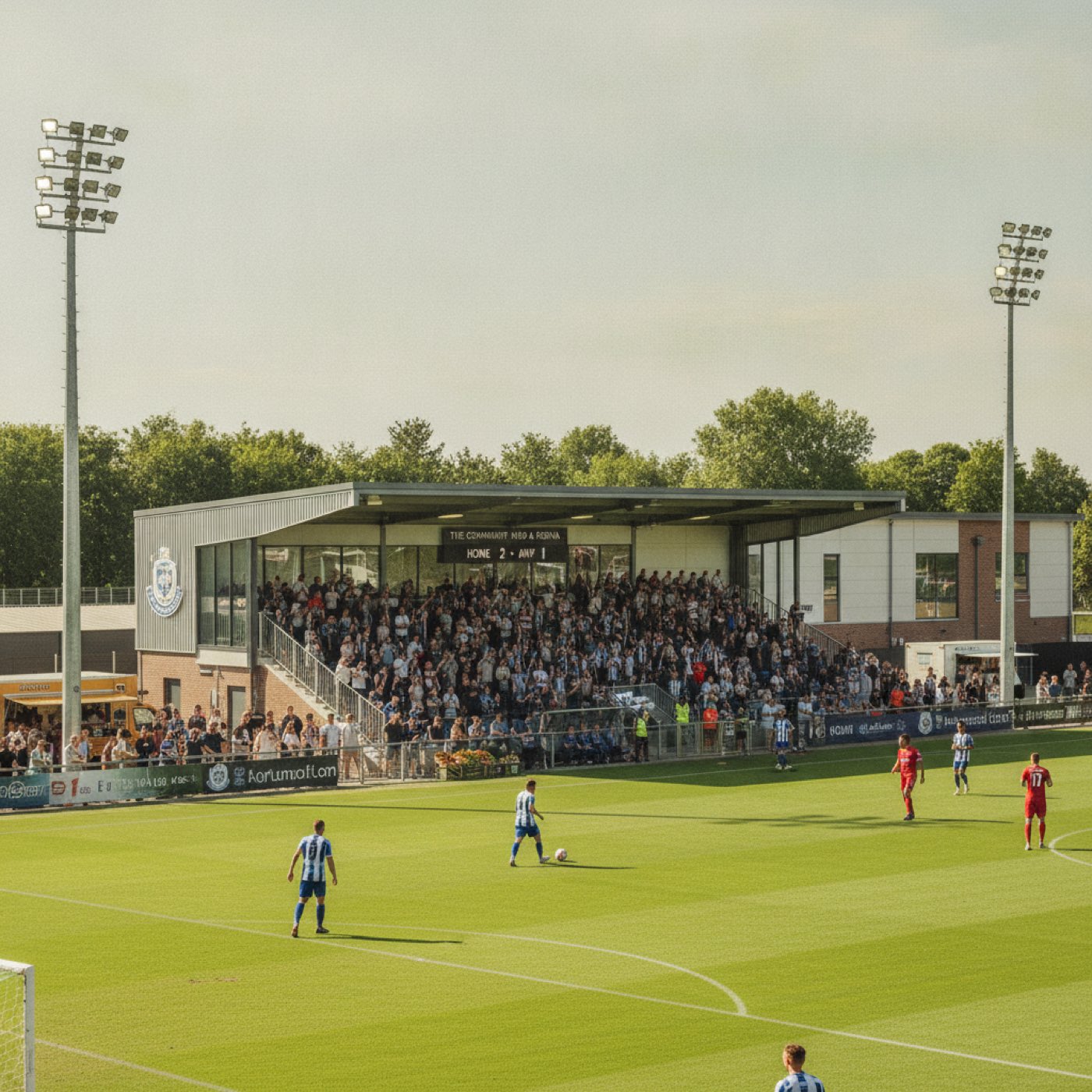 UK non-league football match, players competing on a local pitch