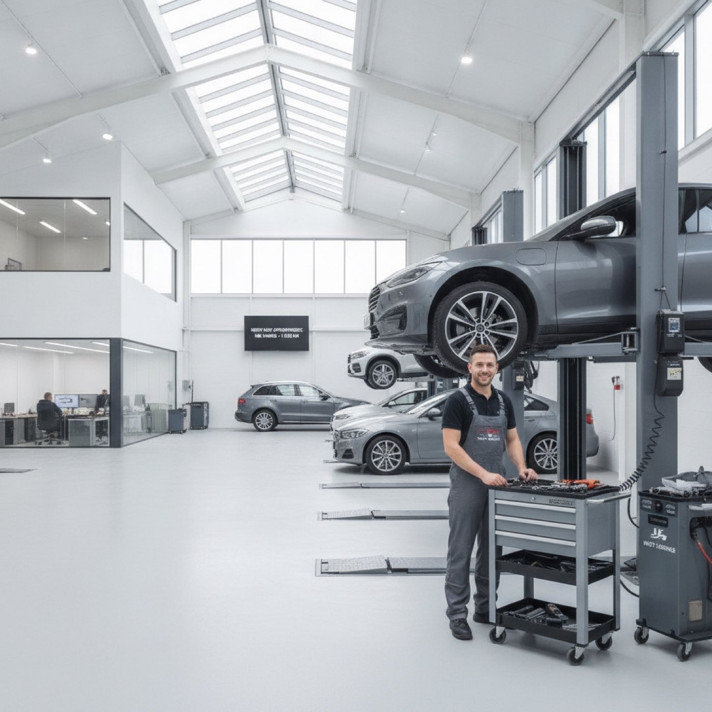 UK MOT garage, mechanic inspecting a car raised on the ramp