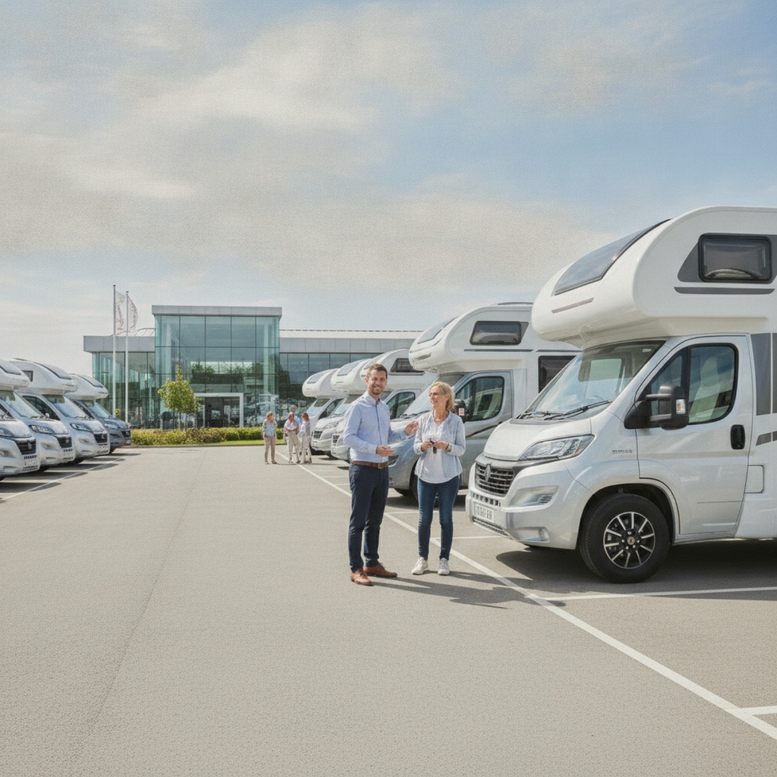 UK motorhome dealership, campervans displayed on a sunny forecourt