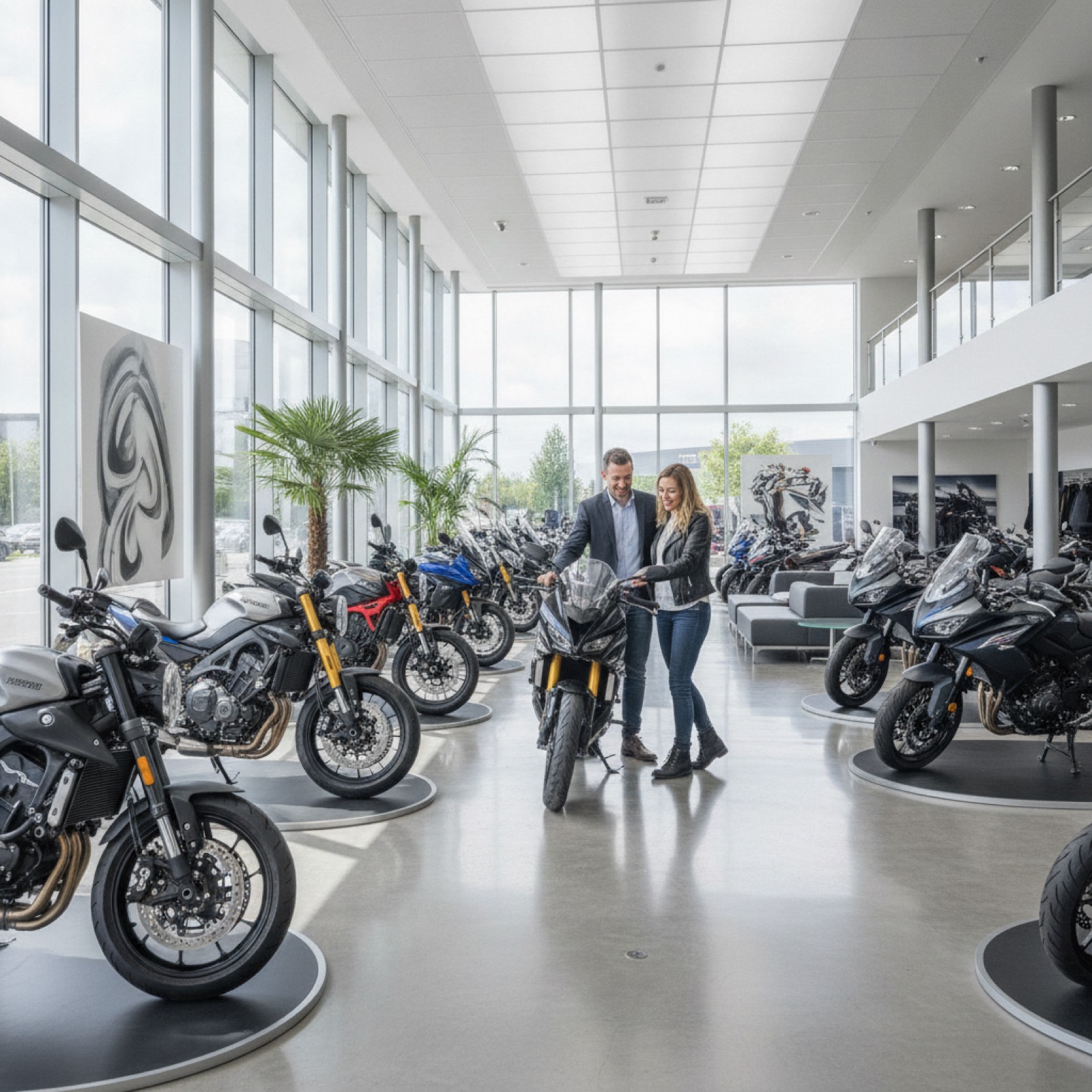 UK motorbike dealership, gleaming motorcycles displayed in the showroom