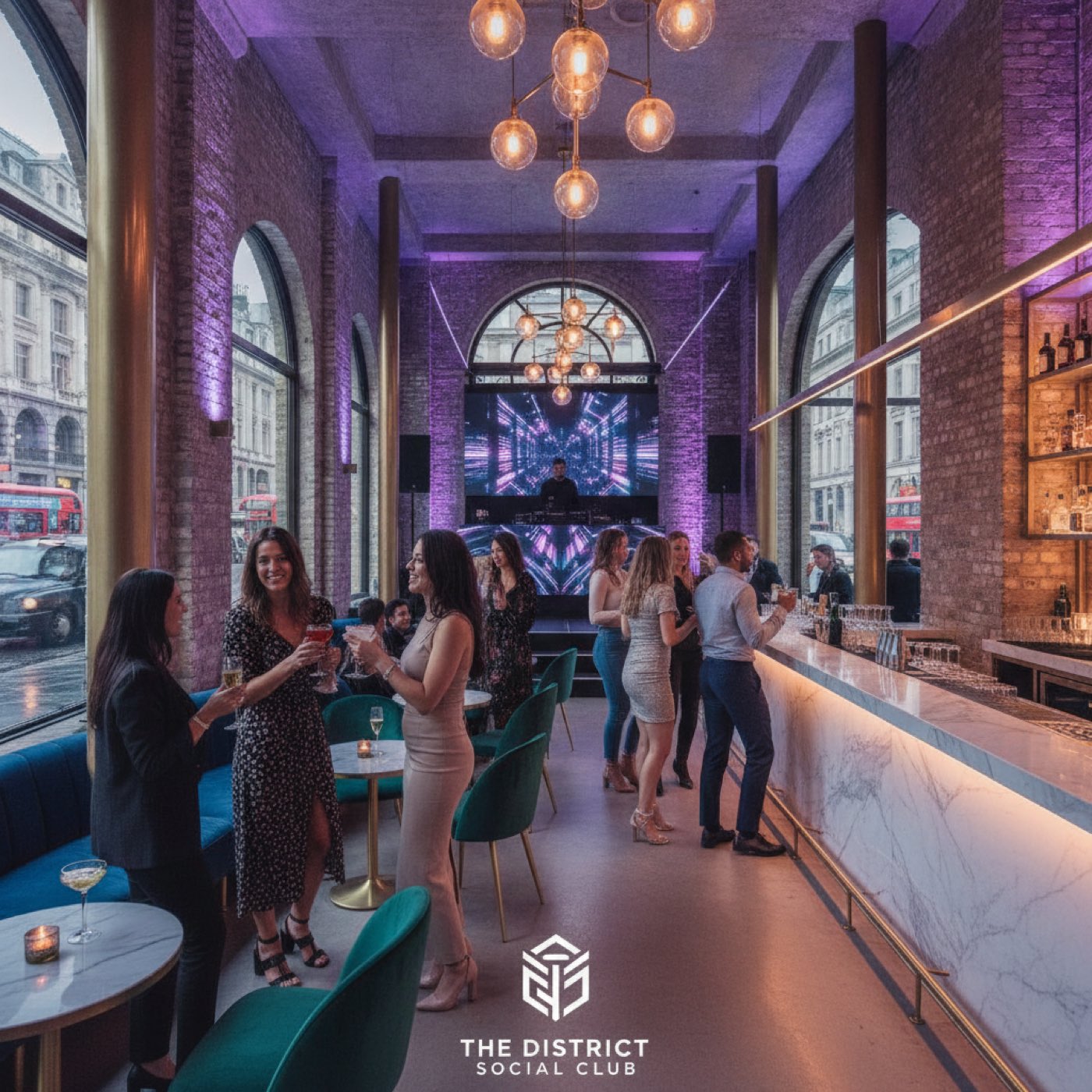 UK nightclub, DJ and dancing crowd under moody club lighting