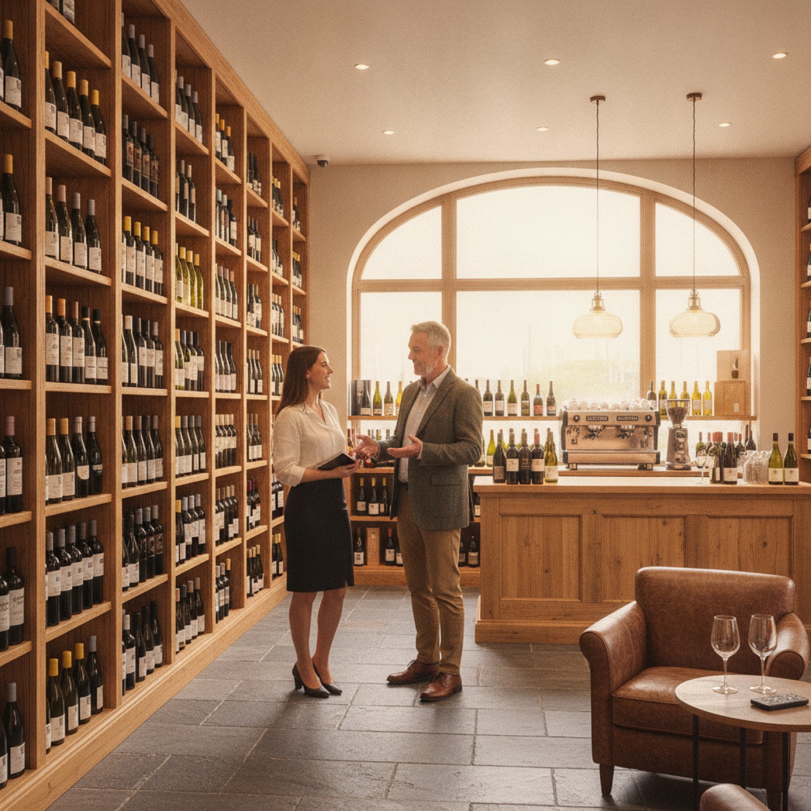 UK off-licence, staff advising a customer among stocked wine shelves