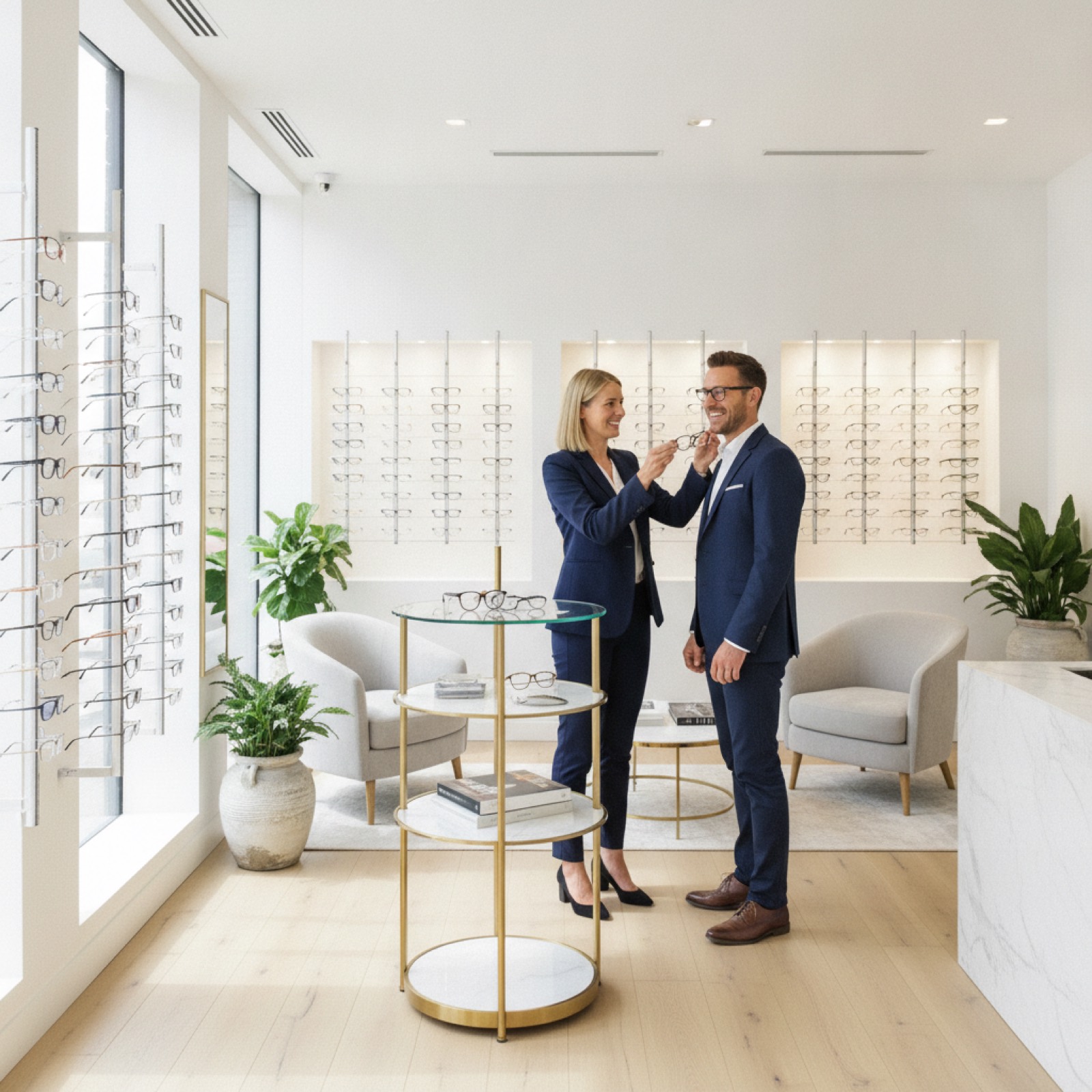 UK opticians, optometrist fitting spectacles for a patient