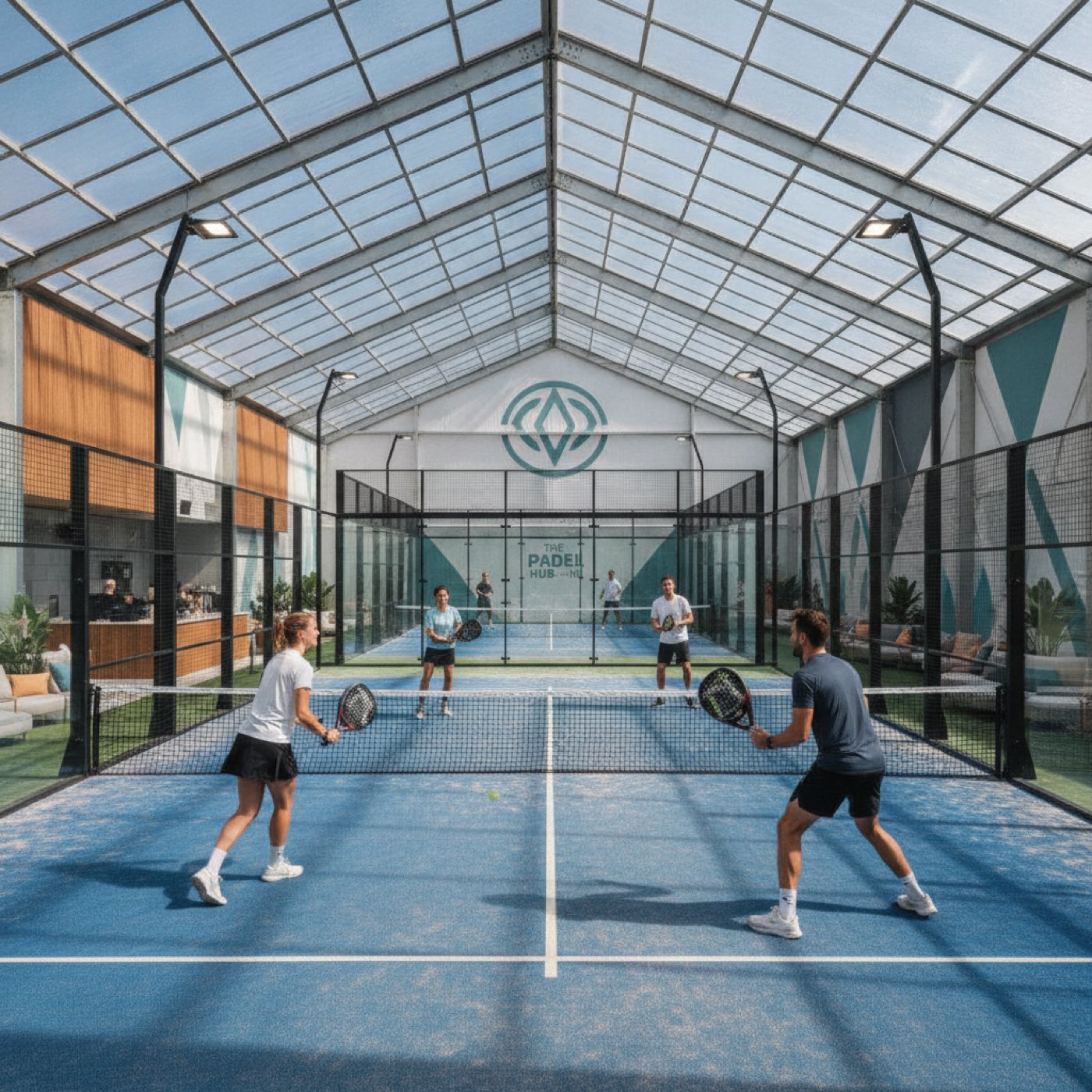 UK padel club, players in a rally on an indoor glass court