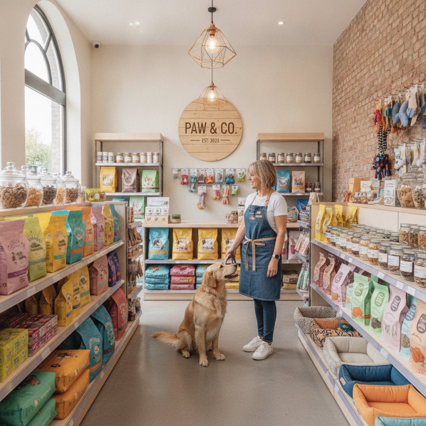 UK pet shop, shelves of pet supplies with a customer browsing