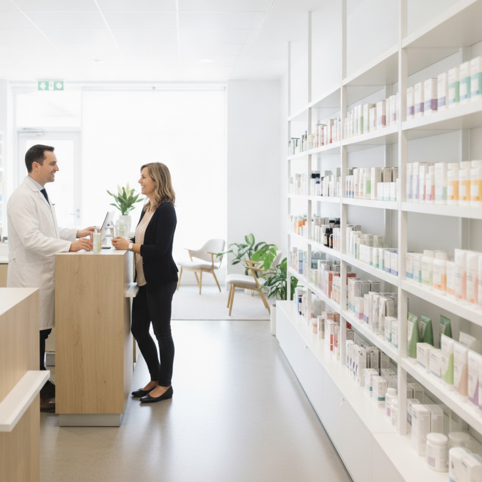 UK pharmacy counter, pharmacist advising a customer at the till