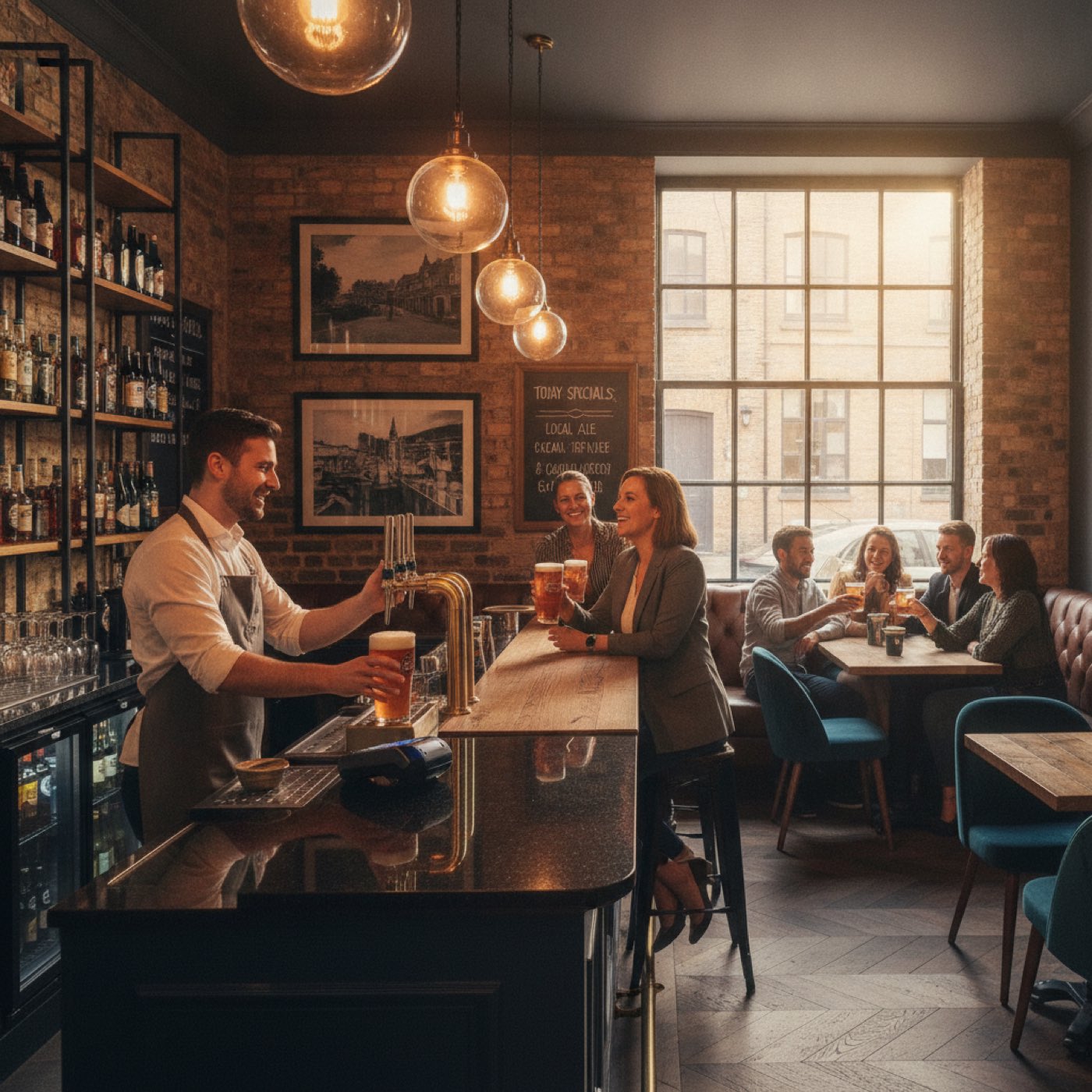 UK pub, landlord pulling a pint and serving customers at the bar