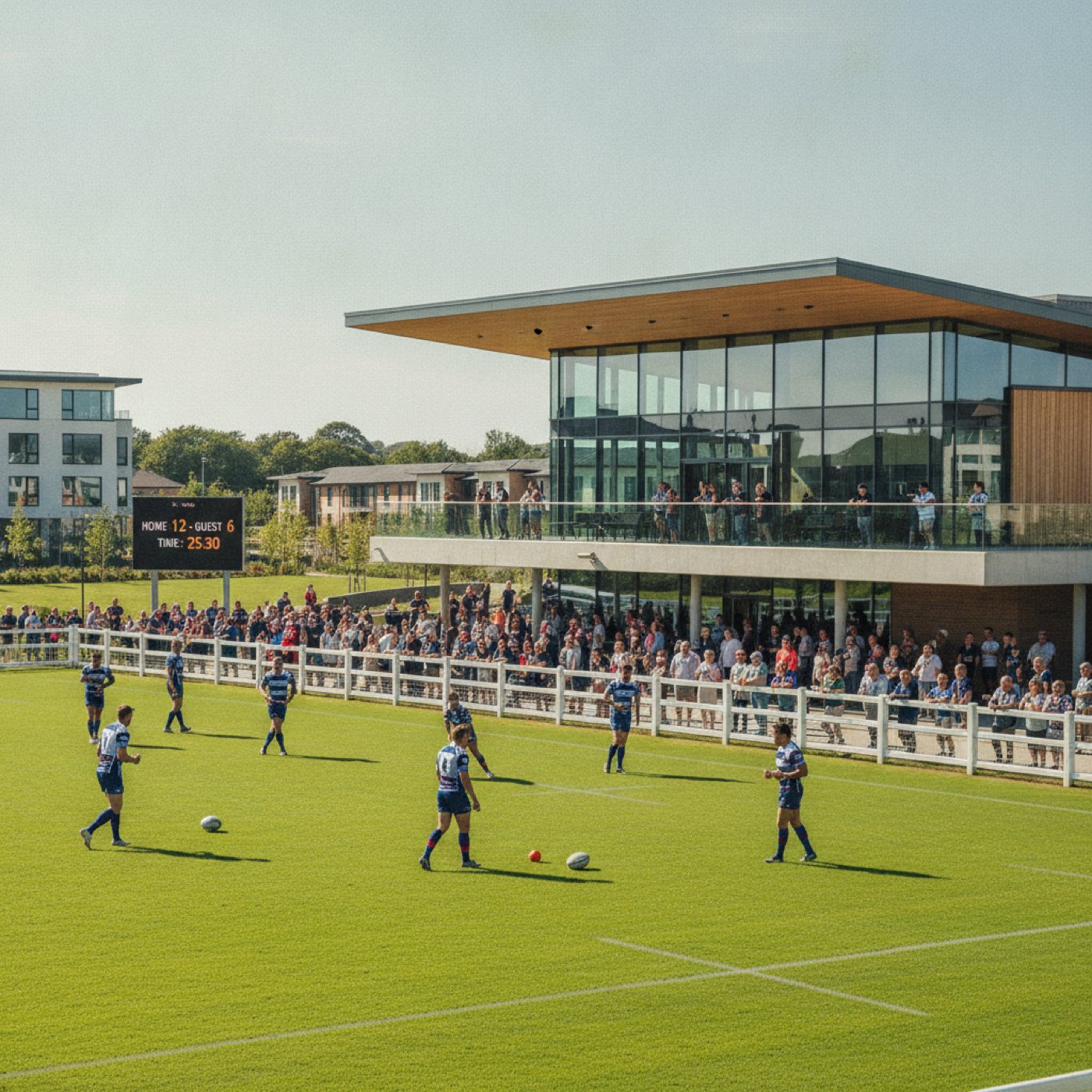 UK rugby club, players training on the pitch on a clear day