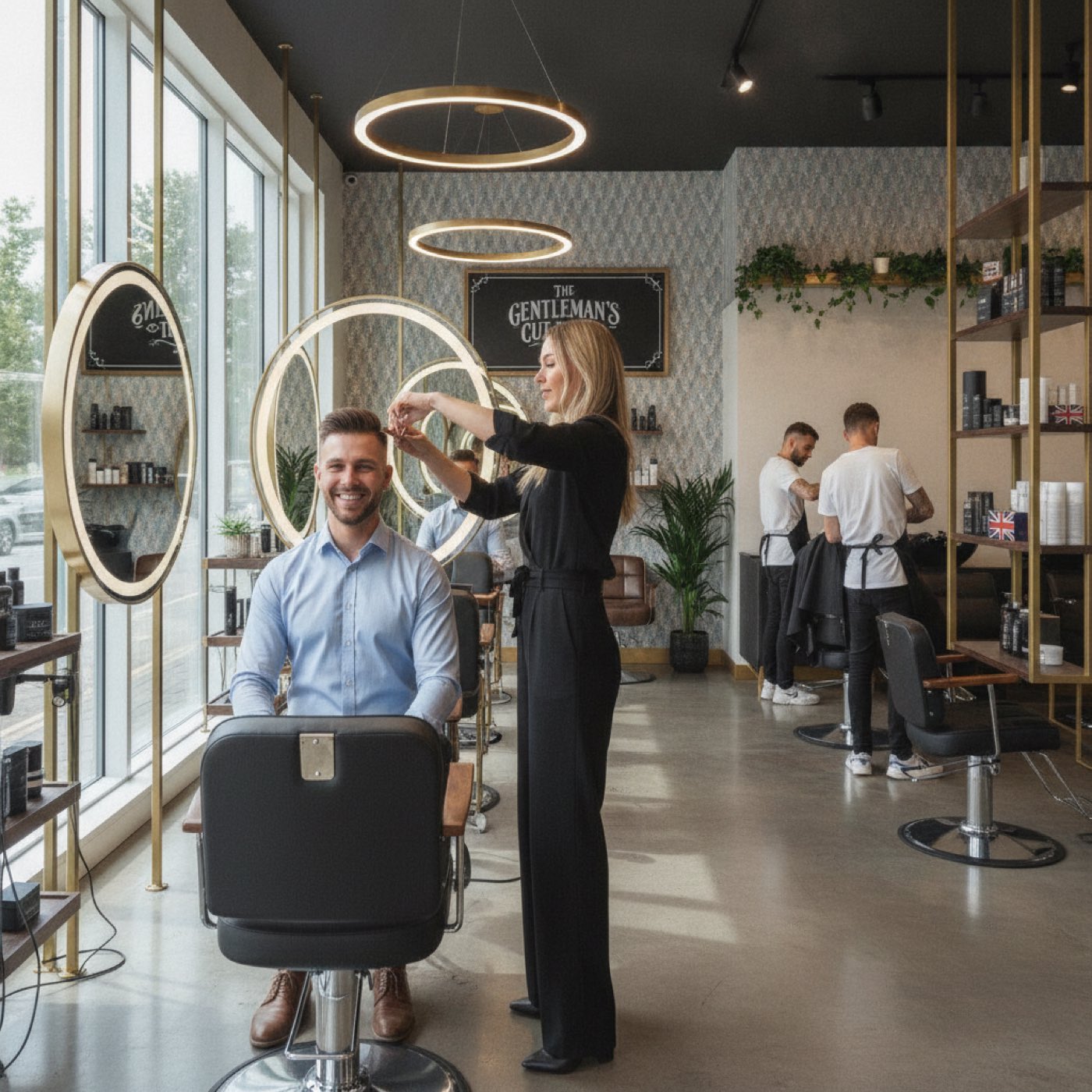 UK barbershop, barber trimming a client's hair with scissors and comb