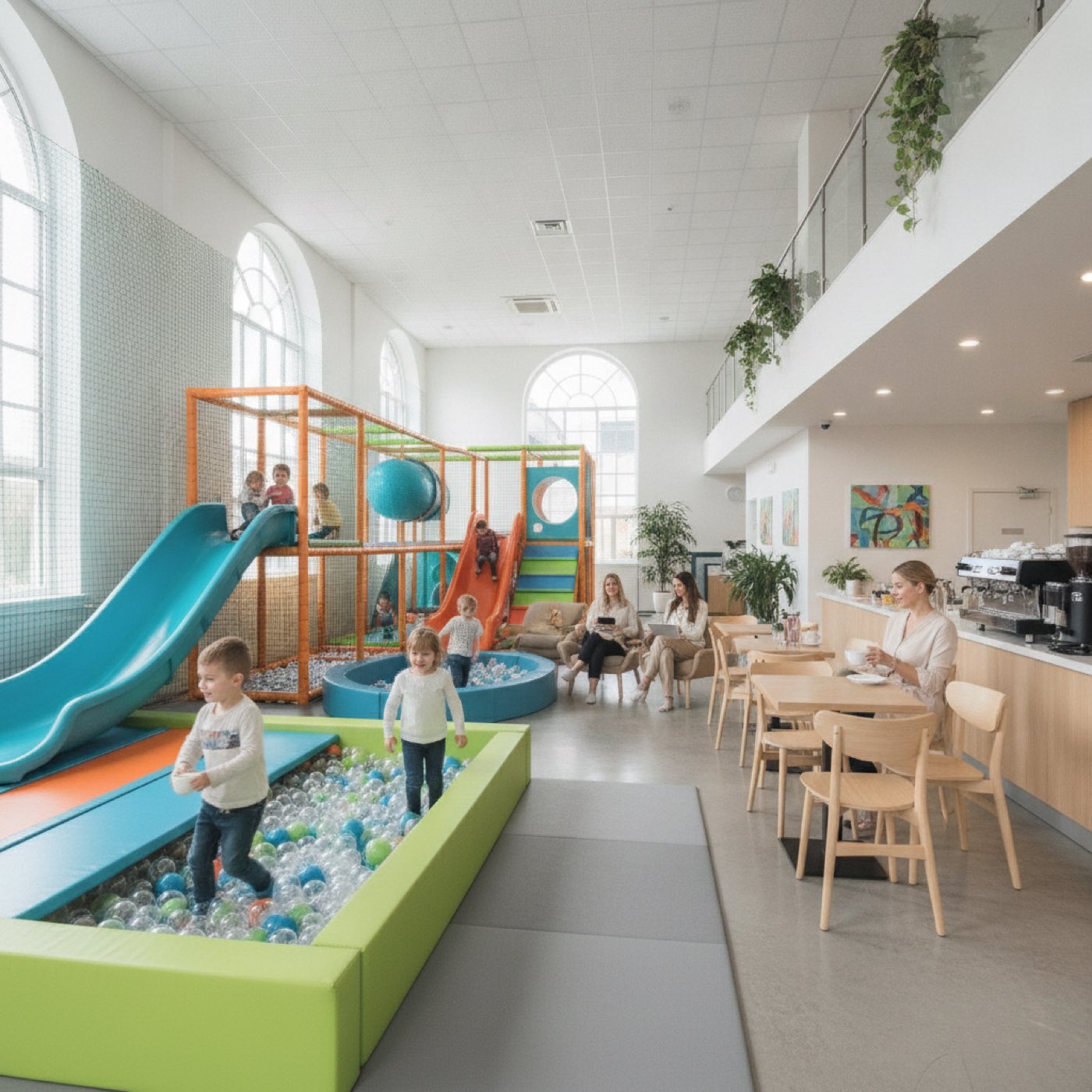 UK soft play centre, children enjoying a colourful indoor play frame