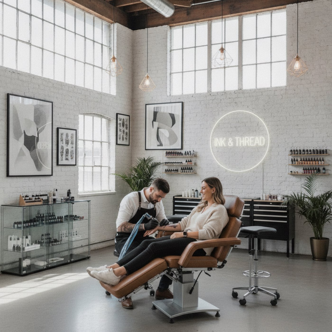 UK tattoo studio, artist inking a client in a modern workspace