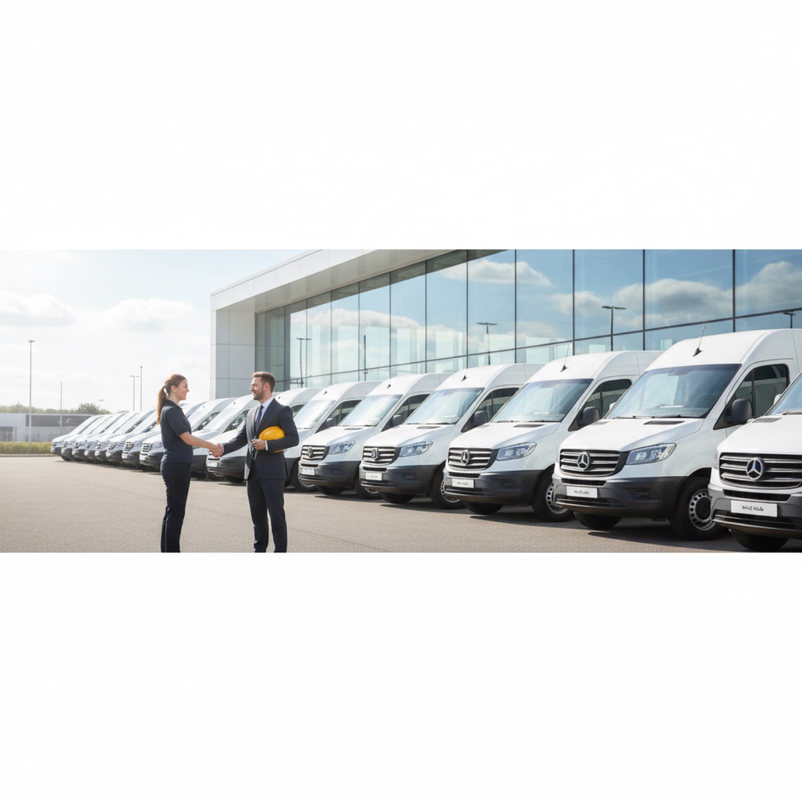UK van dealership, row of new vans on the forecourt with a handshake sale
