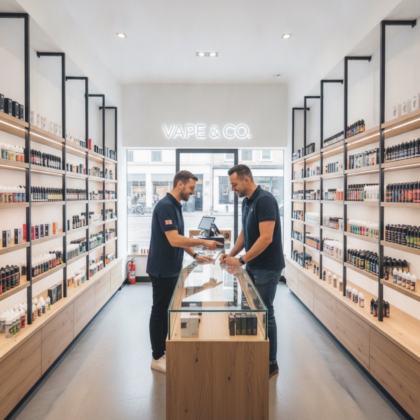 UK vape shop, neon-lit interior with e-liquids and devices on display
