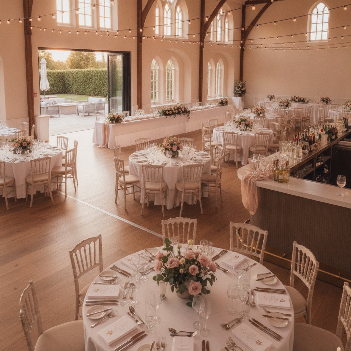UK wedding venue, elegant ceremony setting with floral decorations