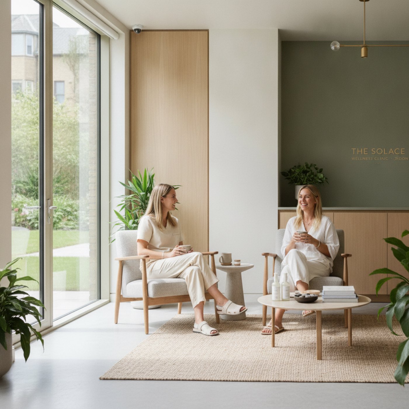 UK wellness clinic, practitioner caring for a client in a calm treatment room