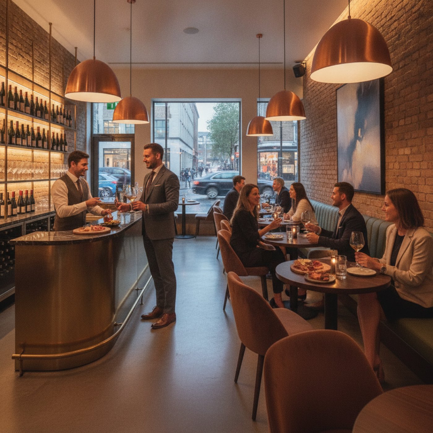 UK wine bar, customers enjoying glasses of wine among stocked shelves